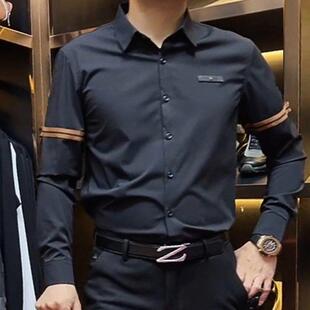 轻奢时尚绅士商务休闲长袖衬衫男士潮牌高端简约个性条纹翻领上衣