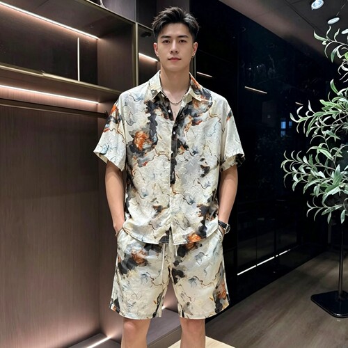 夏季薄款男水墨印花短袖短裤套装