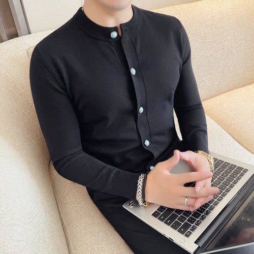 秋冬新款时尚简约纯色圆领针织开衫男士商务气质百搭个性毛衣外套