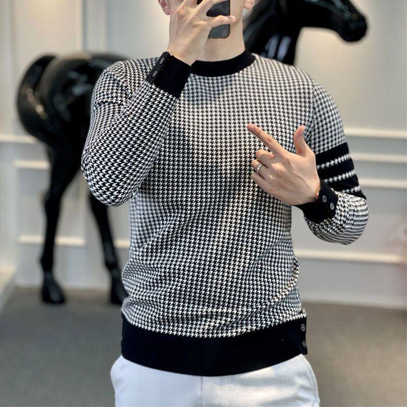 秋冬新款时尚轻奢格子设计圆领套头卫衣男士商务痞帅撞色长袖上衣