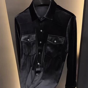 欧货新款高级感商务百搭长袖衬衫男士时尚金丝绒气质潮牌翻领衬衣