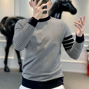 欧洲站潮牌男装圆领千鸟格卫衣男士青年修身韩版保暖秋冬季打底衫
