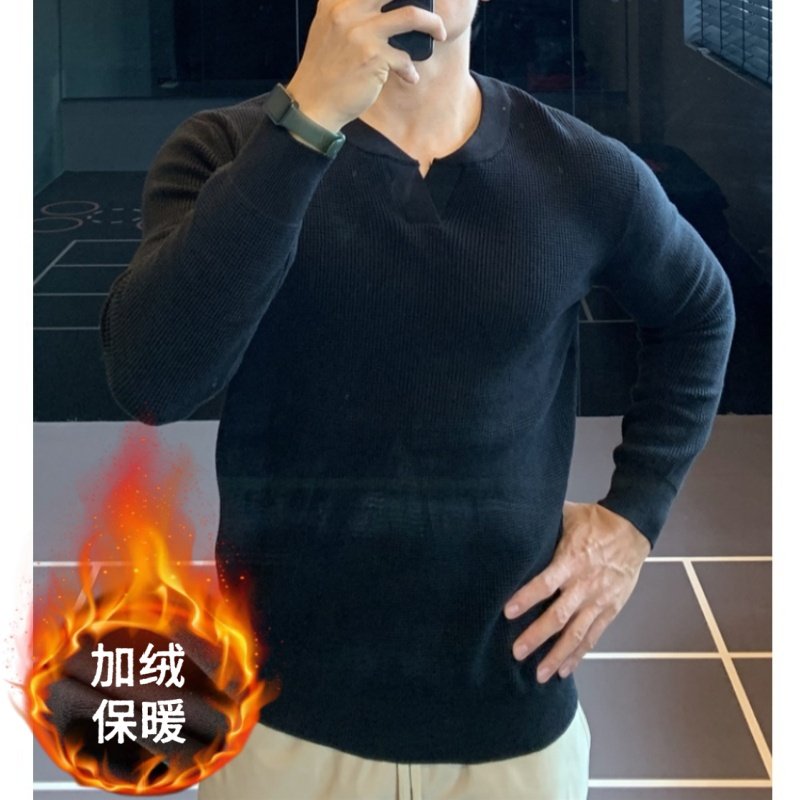 秋冬季新款港风纯色简约小众长袖上衣男士高级感潮牌内搭V领T恤衫