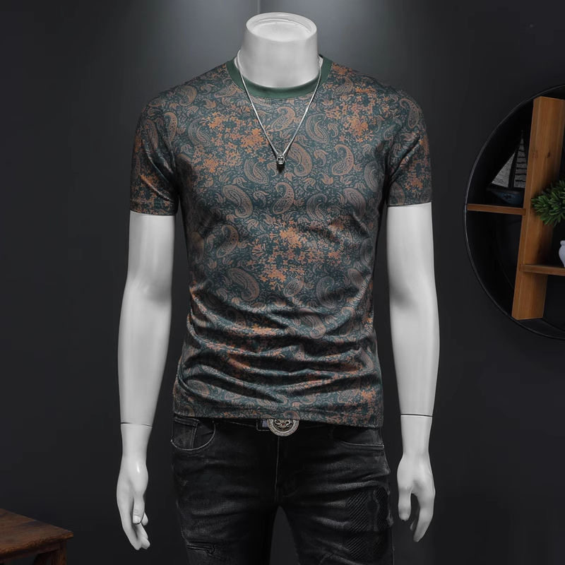欧洲站潮牌时尚腰果花短袖t恤男士夏季薄款圆领修身印花半袖上衣