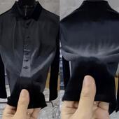 潮牌休闲轻奢时尚 秋冬季 黑色百搭上衣 衬衫 男士 新款 纯色金丝绒长袖