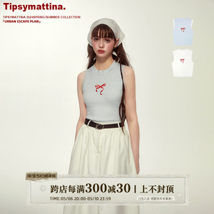 Tipsymattina微醺清晨无袖打底上衣短款修身蝴蝶结麻花针织背心女