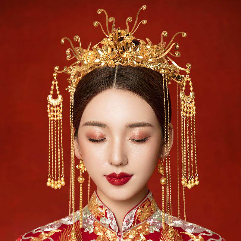 新娘头饰中式红色古风汉服秀禾服龙凤褂流苏发饰品新款凤冠旗袍女