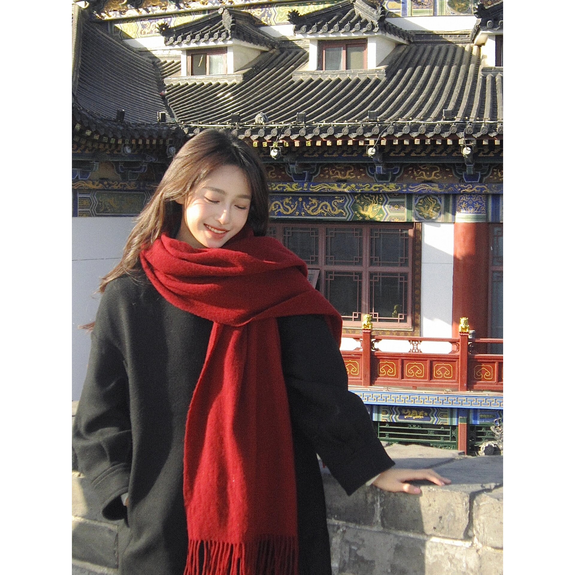 酒红色围巾女冬季情侣2025新年本命年礼物针织高级感纯色百搭围脖