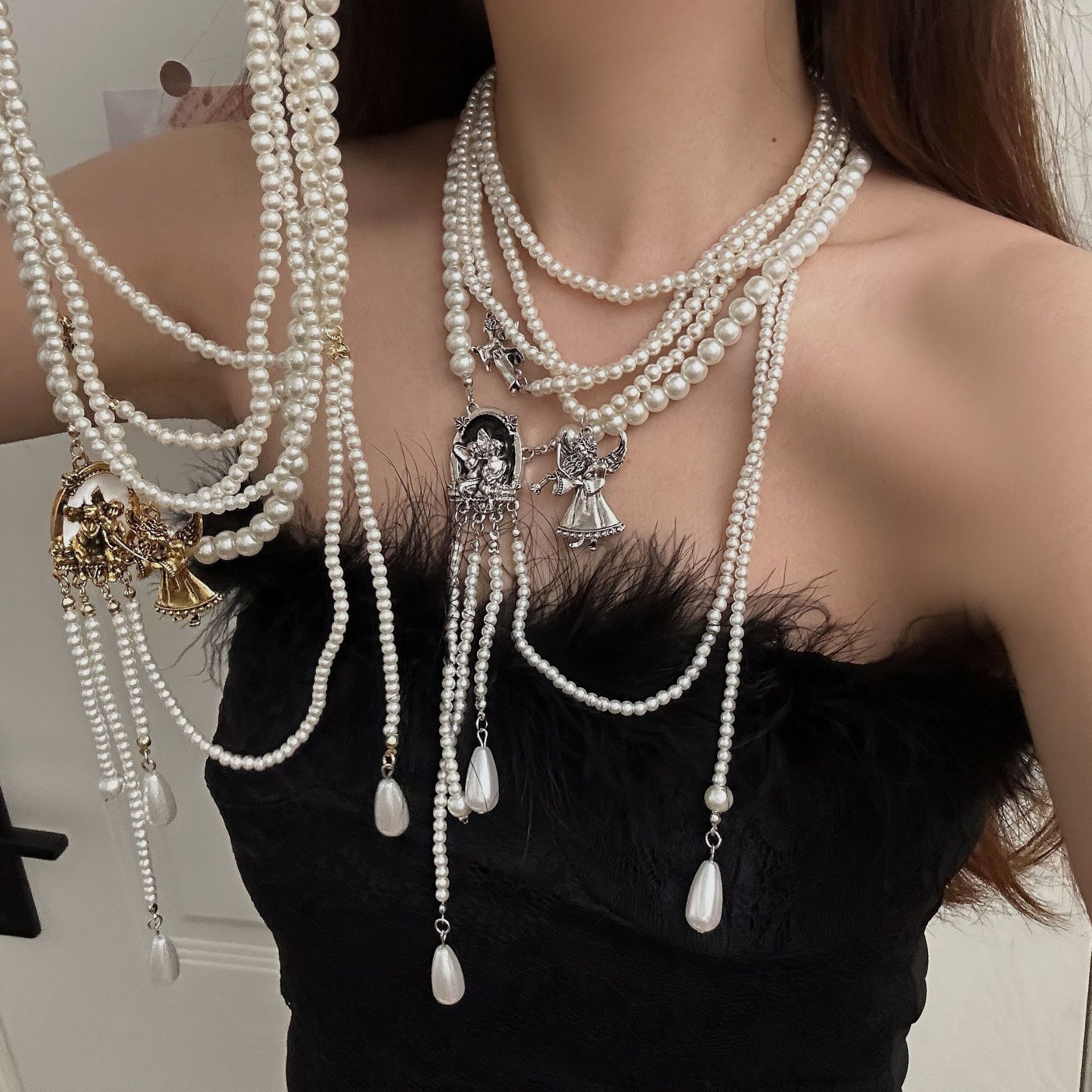 秋冬毛衣项链配饰高级感复古天使女王多层叠戴流苏珍珠长款choker