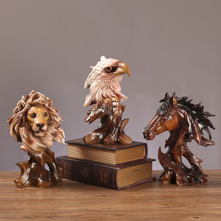 办公室木雕摆件书柜书架酒柜装饰招财马狮子老鹰艺术根雕塑工艺礼