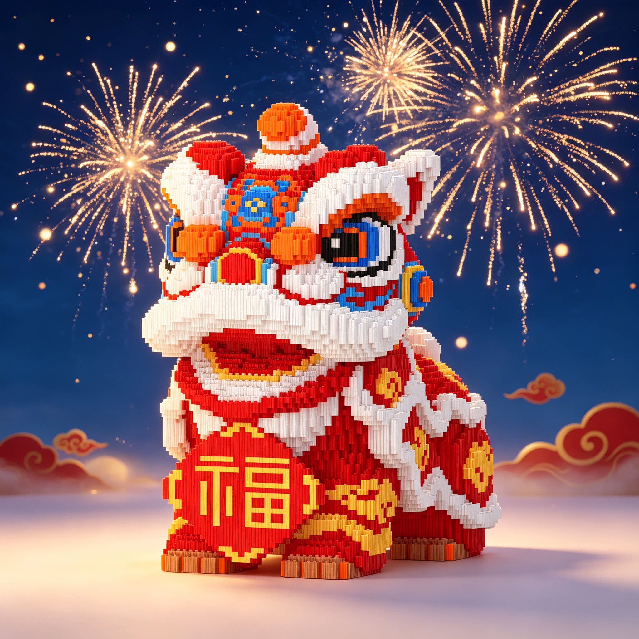 国潮醒狮虎积木益智玩具拼装图片