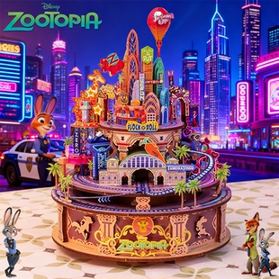 迪士尼疯狂动物城2八音盒木质3D拼图diy拼装创意手工玩具生日礼物