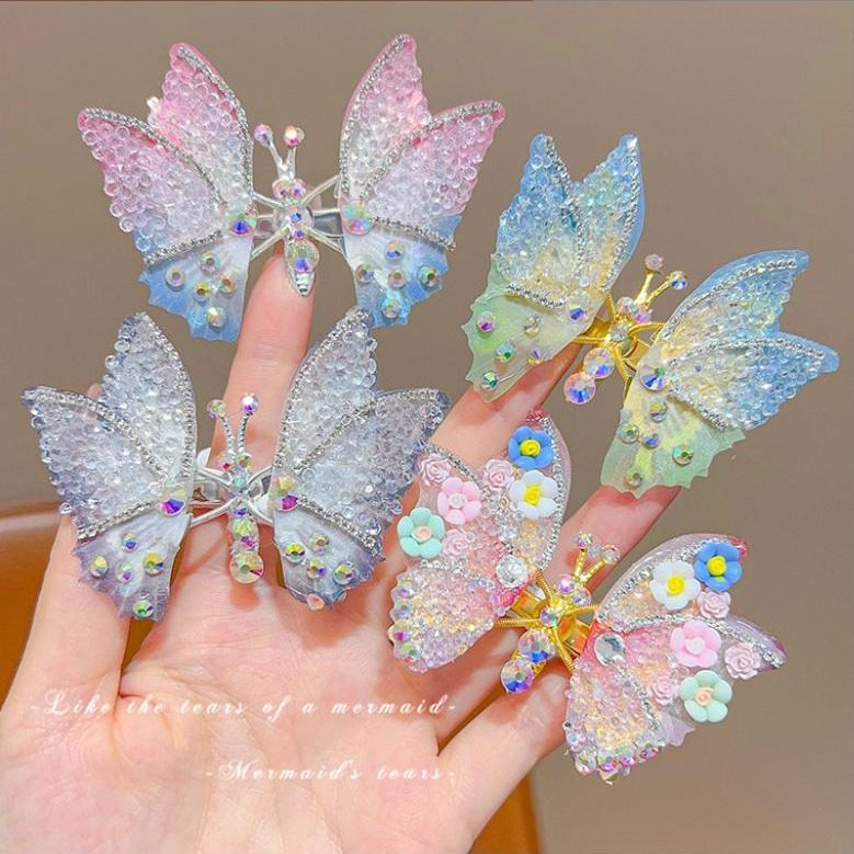 会动的蝴蝶发夹小女孩超仙水钻侧边碎发夹会飞的翅膀发卡女童头饰