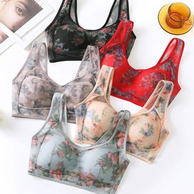 中年贵妇无痕运动内衣网纱透明印花背心全罩杯固定肩带无钢圈文胸