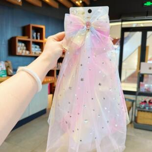 女童头纱公主发饰生日发卡皇冠发夹儿童蝴蝶结头饰发光飘带小女孩