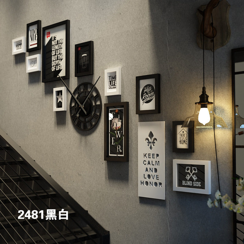 高分子2481复古楼梯照片墙组合相框钟装饰画美式墙壁画框批发包邮