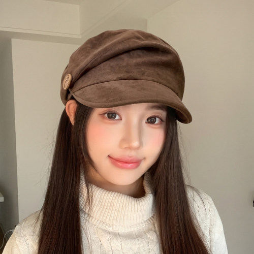 秋冬日系复古麂皮绒显脸小报童帽