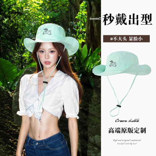 春夏女薄荷绿抽绳防晒登山帽