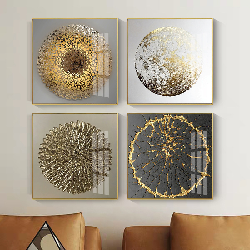 方形几何抽象金色球形装饰画现代简约客厅卧室床头壁画高清晶瓷画图片