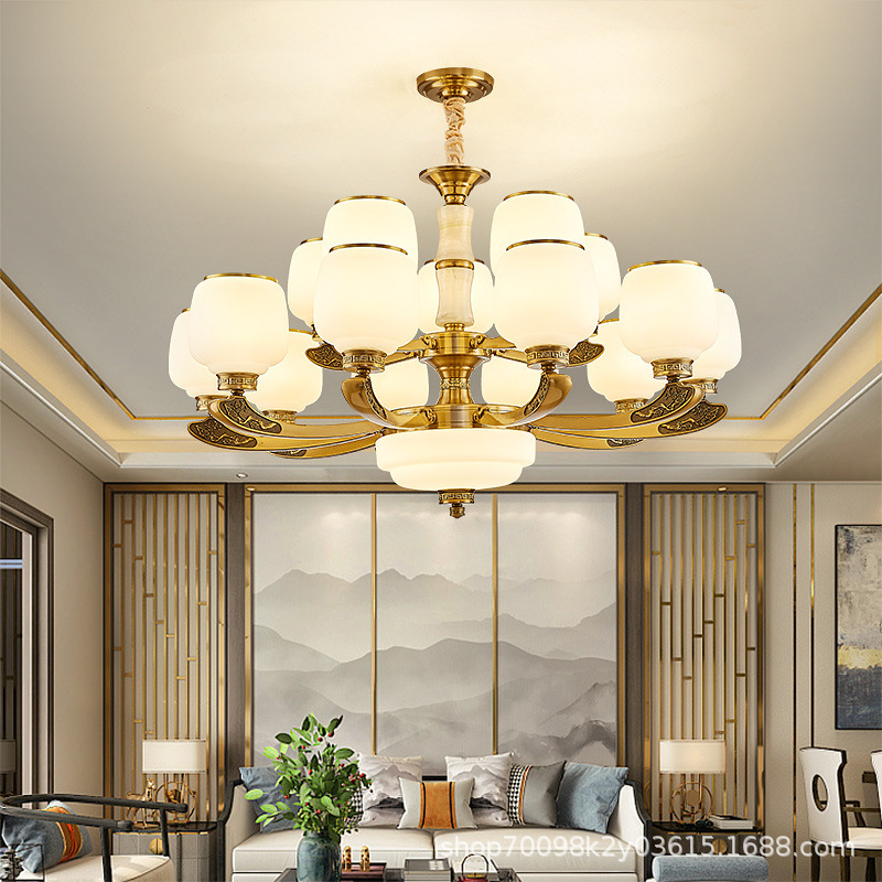 新中式客厅玉石吊灯复式楼别墅现代家用餐厅书房楼中楼挑空大吊灯