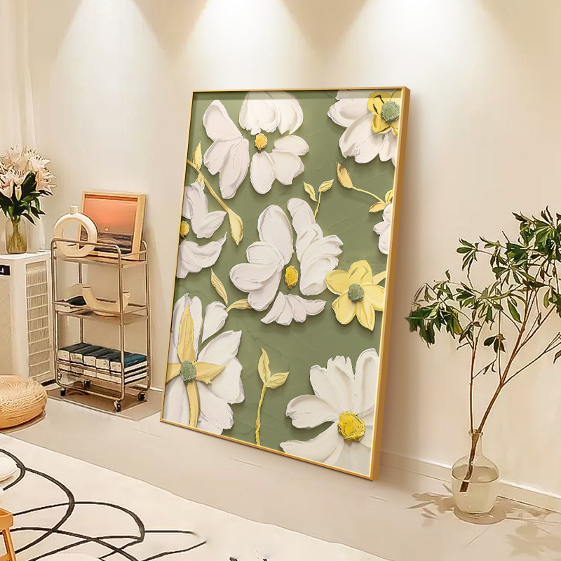 奶油风客厅装饰画花卉玄关落地画绿植高级肌理感沙发背景墙壁挂画图片
