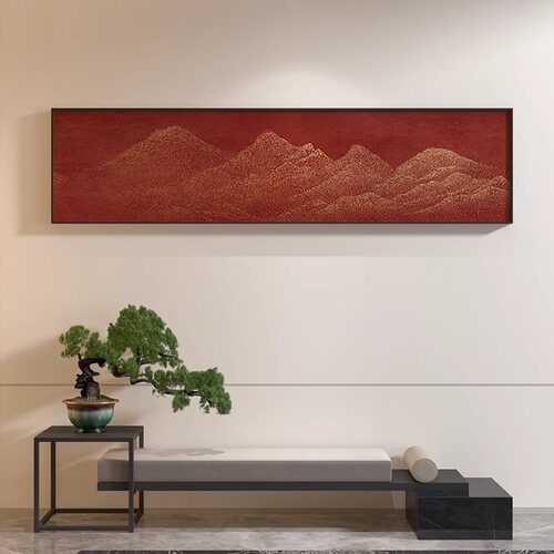 新中式横版装饰画红色抽象极简轻奢山水客厅茶室卧室床头壁画挂画