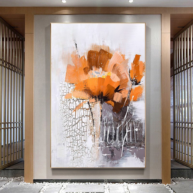 客厅装饰画轻奢抽象艺术挂画入户玄关画花卉油画竖版背景墙壁画图片