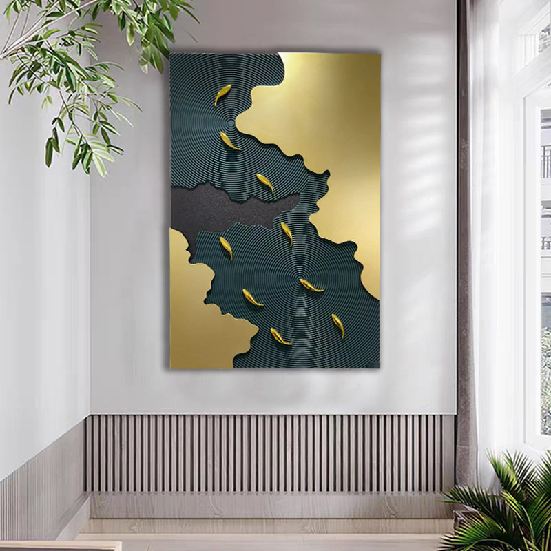 轻奢玄关装饰画浮雕走廊高级感挂画寓意年年有鱼多巴胺挂画