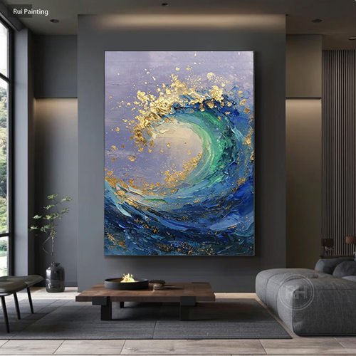 高级感纯手绘油画原创风生水起金箔肌理轻奢客厅玄关沙发背景挂画