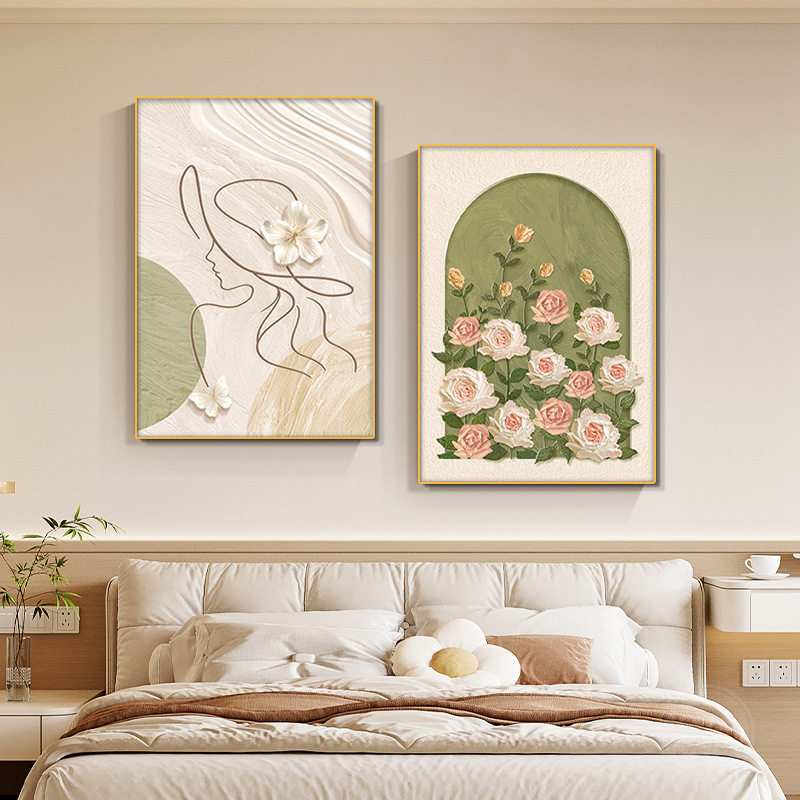 奶油风主卧室床头装饰画现代简约玫瑰抽象人物壁画原木风餐厅挂画