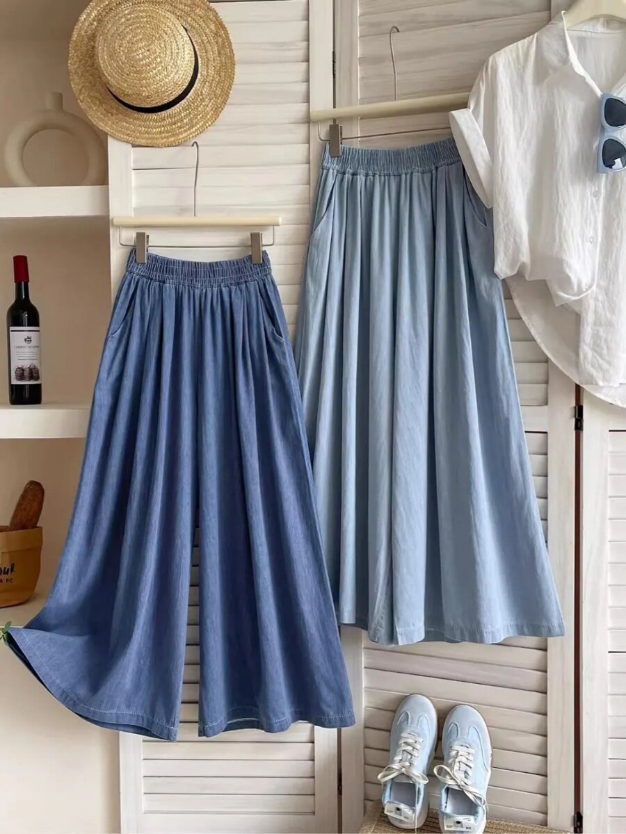 일본과 한국 스타일 게으른 스타일 탄성 허리 데님 와이드 레그 퀼로트 여성 여름 복고풍 느슨한 캐주얼 바지