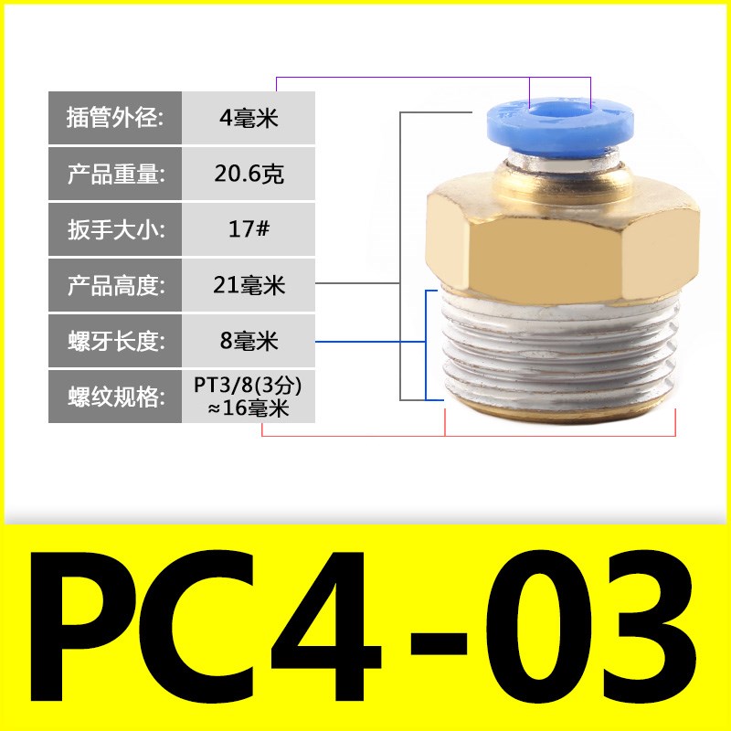 气管快速接头公制螺纹直通铜PC8-M6/M8/M10/M12/MS14/M16模具水嘴