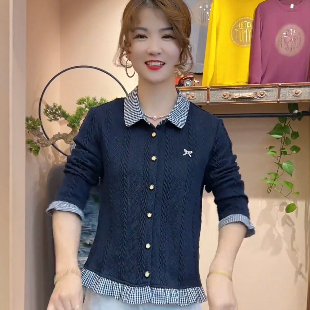 秋季时尚假两件针织毛衣洋气减龄蝴蝶结格子翻领女士气质开衫上衣