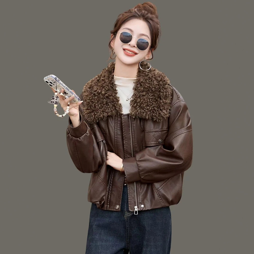 秋冬季加绒加厚翻领皮衣外套上衣