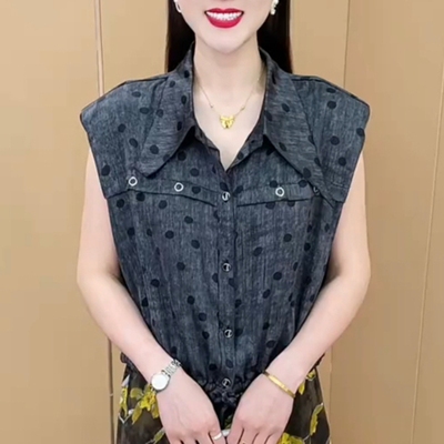 夏季新款复古波点翻领短袖T恤女