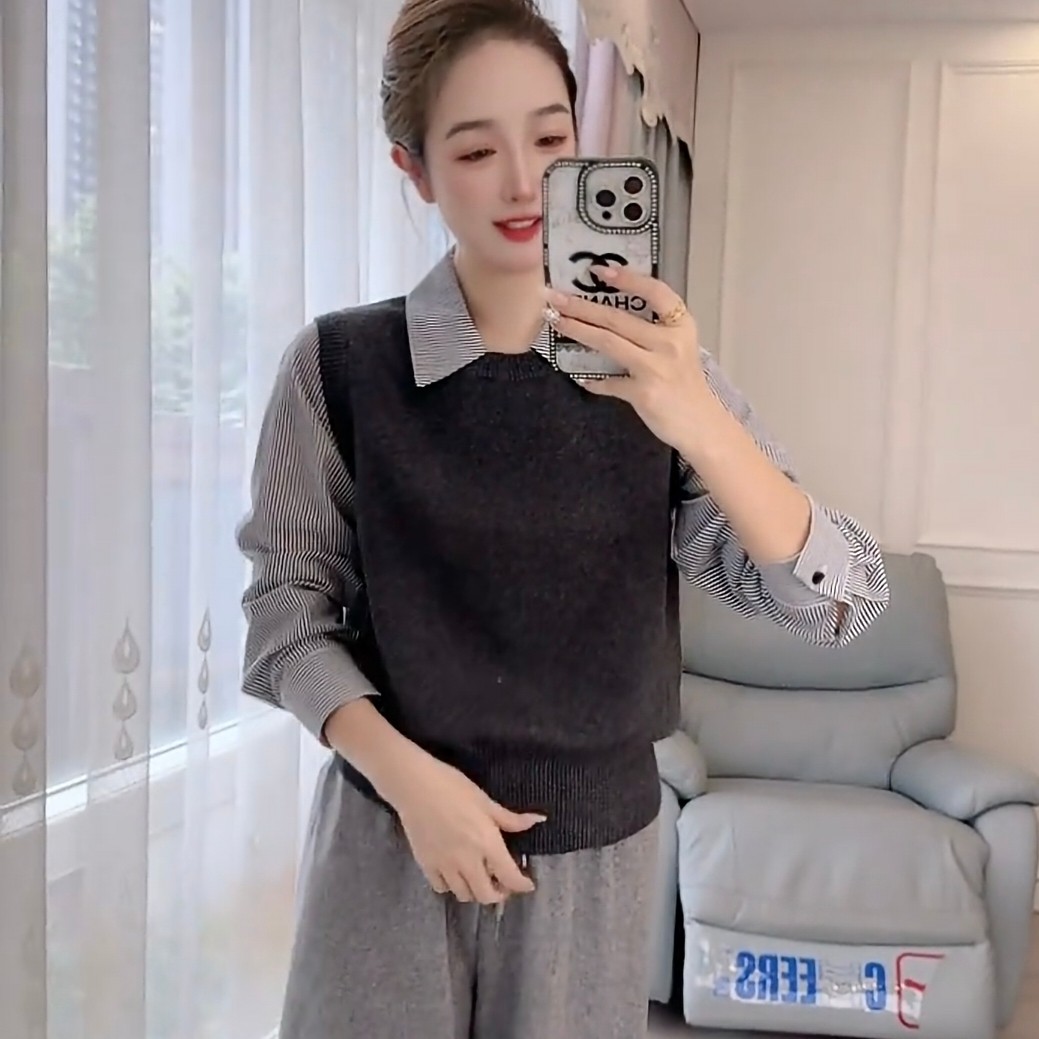 秋冬款韩系针织衫假两件长袖女装套头衬衣袖拼接设计显瘦百搭上衣