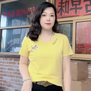 新款 时尚 夏季 韩版 显瘦上衣 印花v领正肩短袖 T恤女气质休闲百搭修身