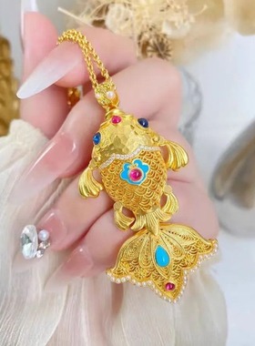 新中式爆款国潮珐琅彩色鲤鱼国风项链镂空吊坠精致锁骨链