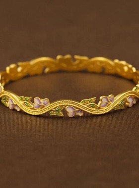 紫藤花手镯枝条藤蔓手镯女绿叶花开古法鎏彩紫桃心手环