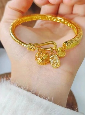 2025爆款沙金手镯古法錾刻绕丝吉言手镯新中式国潮婚嫁礼物