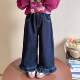 宽松儿童装 秋冬加绒加厚牛仔裤 宝宝韩版 女童时髦木耳边阔腿裤 裤 子