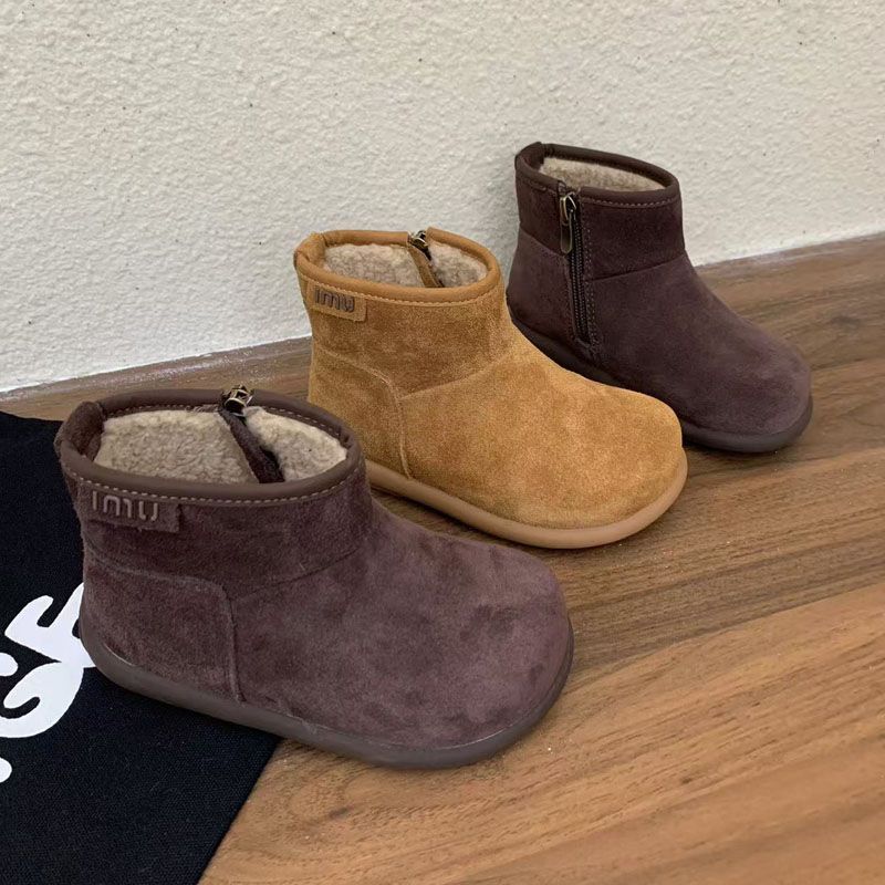 2025冬款儿童高帮棉鞋磨砂软皮透气软底豆豆鞋男女童羊羔毛雪地靴