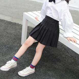 女童百褶裙半身裙秋天中大童小学生黑色白色校服裙演出儿童短裙子