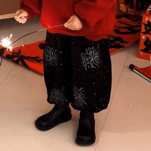 2026新款男童裤子冬款亮闪闪儿童新年战袍加厚冬装休闲加绒哈伦裤