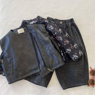 深色牛仔裤 男童春秋款 洋气男宝宝皮衣背心花衬衫 新款 三件套潮 套装