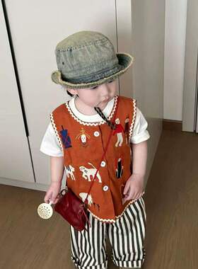 韩版童装男童2026春装马甲外套宝宝时髦洋气酷帅百搭橙色马夹背心