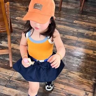 韩版女童2026夏季新款多巴胺橘黄色背心吊带中小童藏青色花苞裙裤