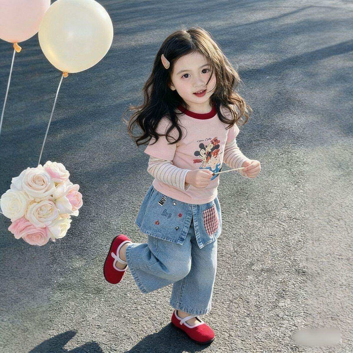 童装2026春款女童小童休闲韩版可爱女宝宝两件套装T恤洋气牛仔裤