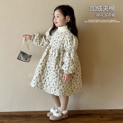 女童秋冬碎花夹棉加厚公主裙