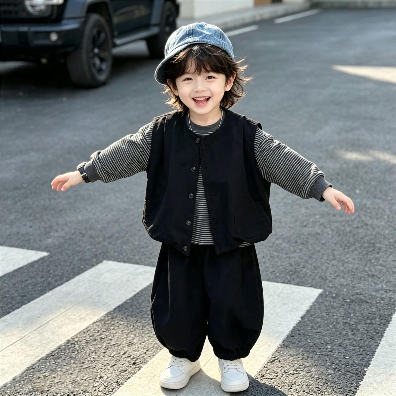 马甲条纹打底衫卫裤三件套男童秋季套装2026新款百搭男宝韩版潮酷